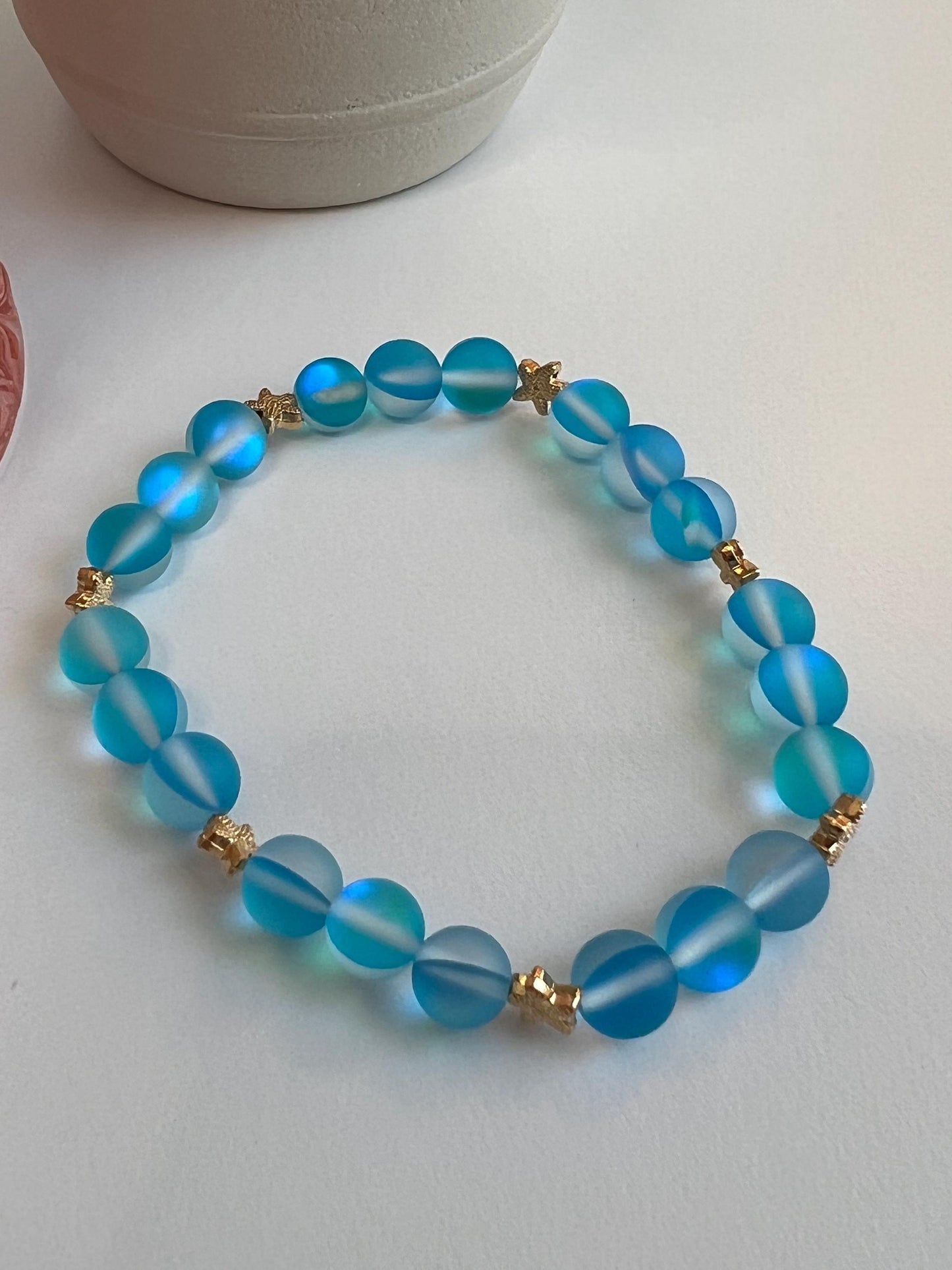 Handmade Turquoise Beaded Bracelet: Gold Starfish Charm Jewelry