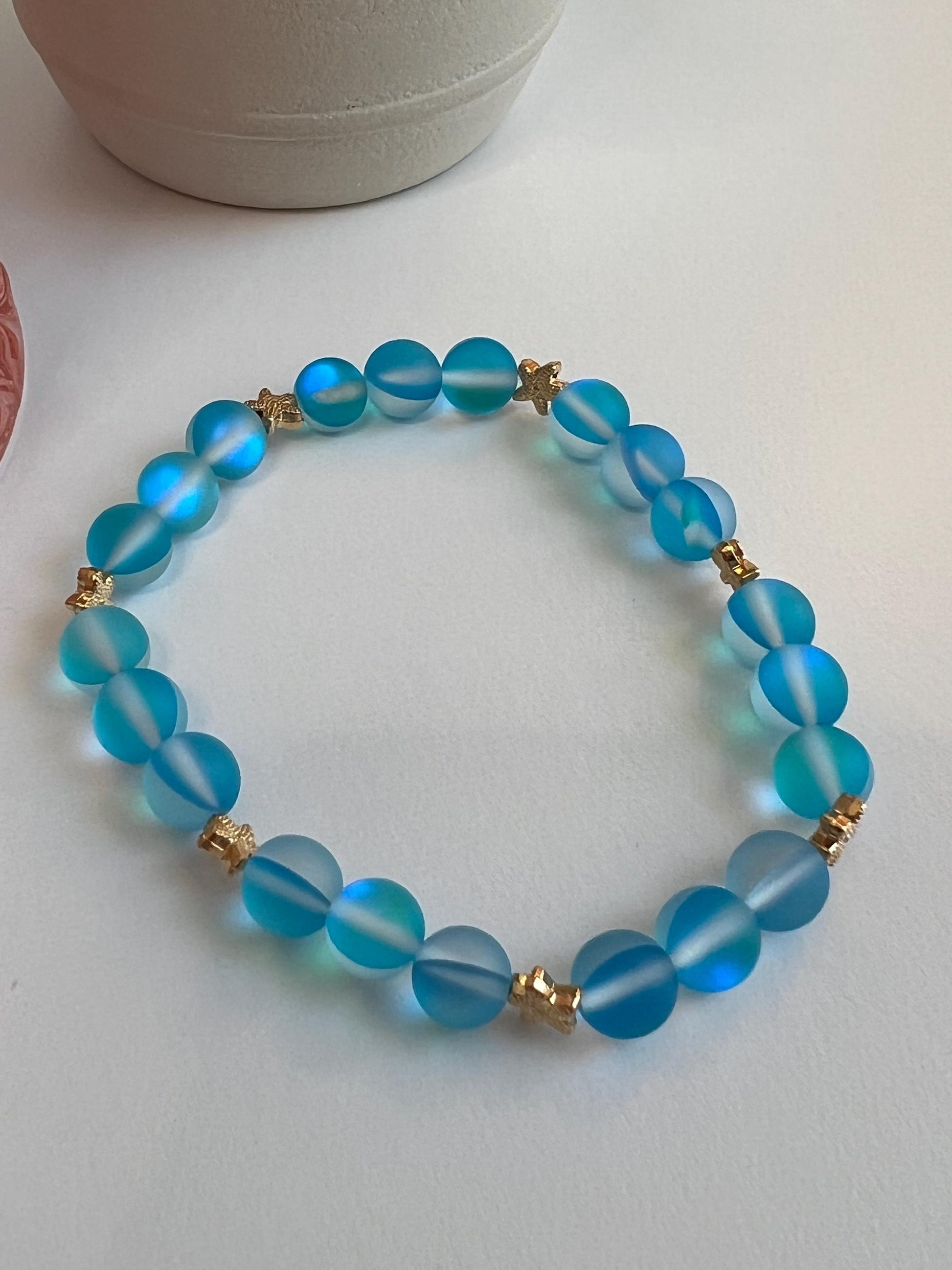 Handmade Turquoise Beaded Bracelet: Gold Starfish Charm Jewelry