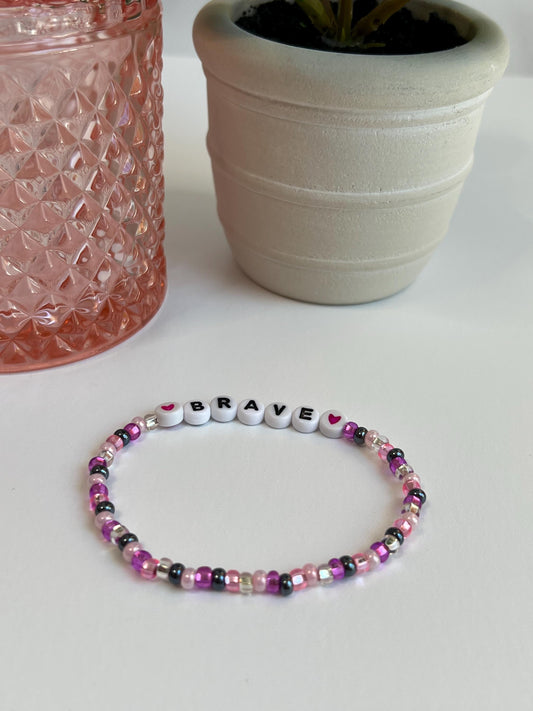 Handmade "Brave" Beaded Bracelet: Pink & Grey Jewelry
