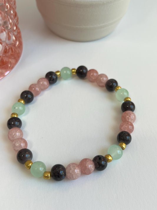 Handmade Beaded Bracelet: Pink, Green & Dark Grey Jewelry