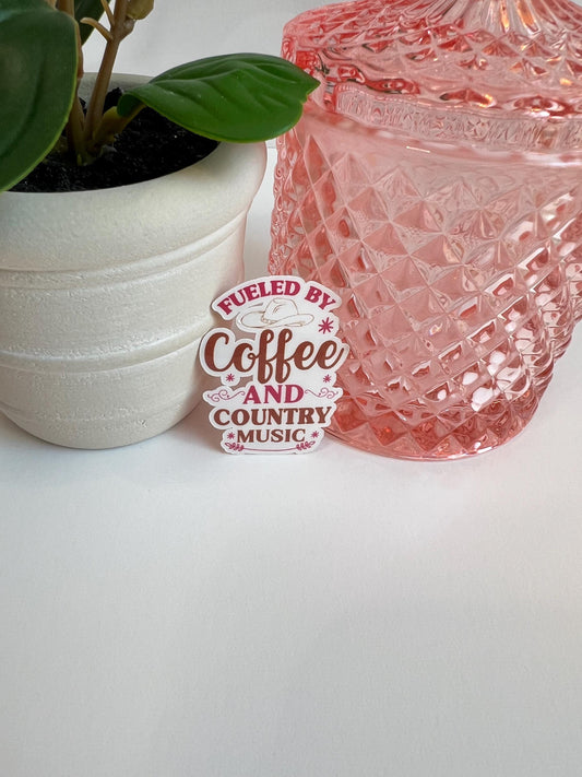 Fueled By Coffee and Country Music sticker -water-resistant, water bottles, laptop, kindle, mug