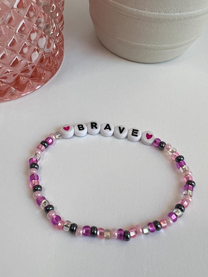 Handmade "Brave" Beaded Bracelet: Pink & Grey Jewelry