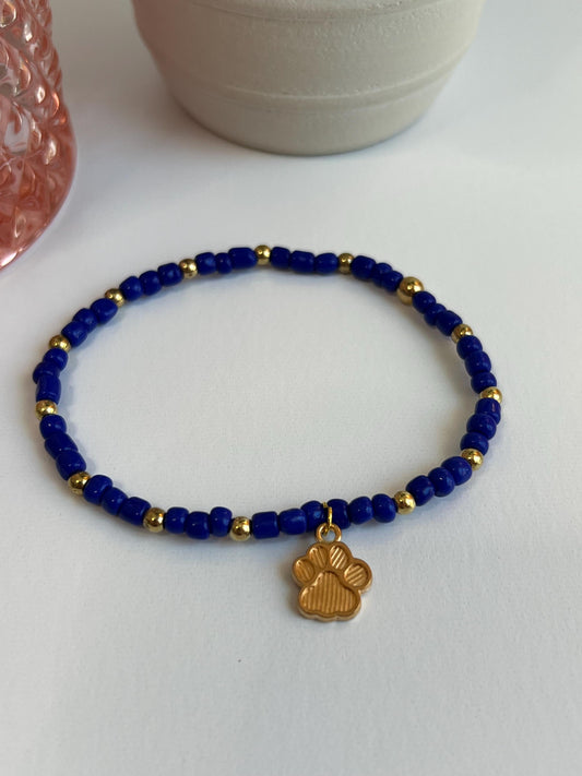 Handmade Beaded Bracelet: Royal Blue, Gold Paw Print Charm