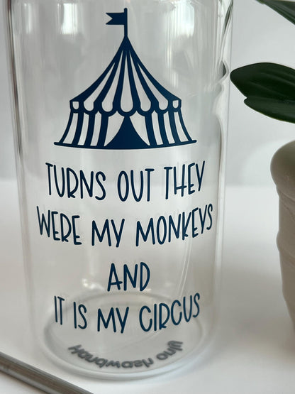 Funny Monkey Circus Glass Cup: Iced Coffee Tumbler with Lid & Straw
