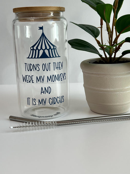 Funny Monkey Circus Glass Cup: Iced Coffee Tumbler with Lid & Straw