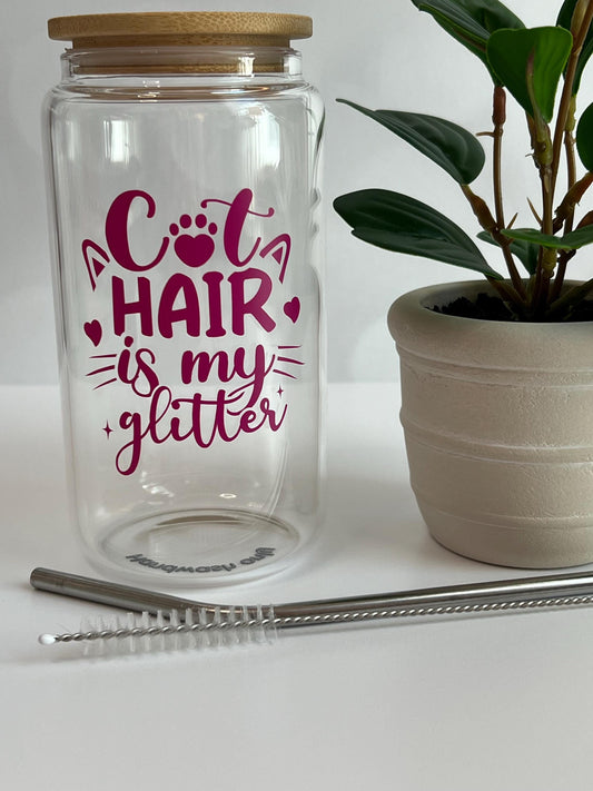 Cat Hair Is My Glitter Glass Cup: Iced Coffee Tumbler with Lid & Straw