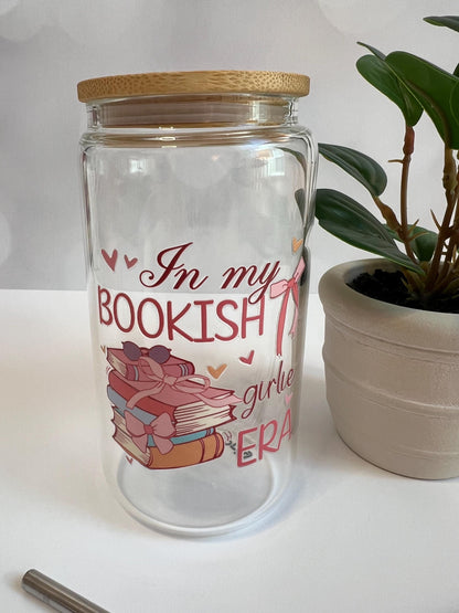 Bookish Era Glass Iced Coffee Cup: 16oz Tumbler with Lid & Straw