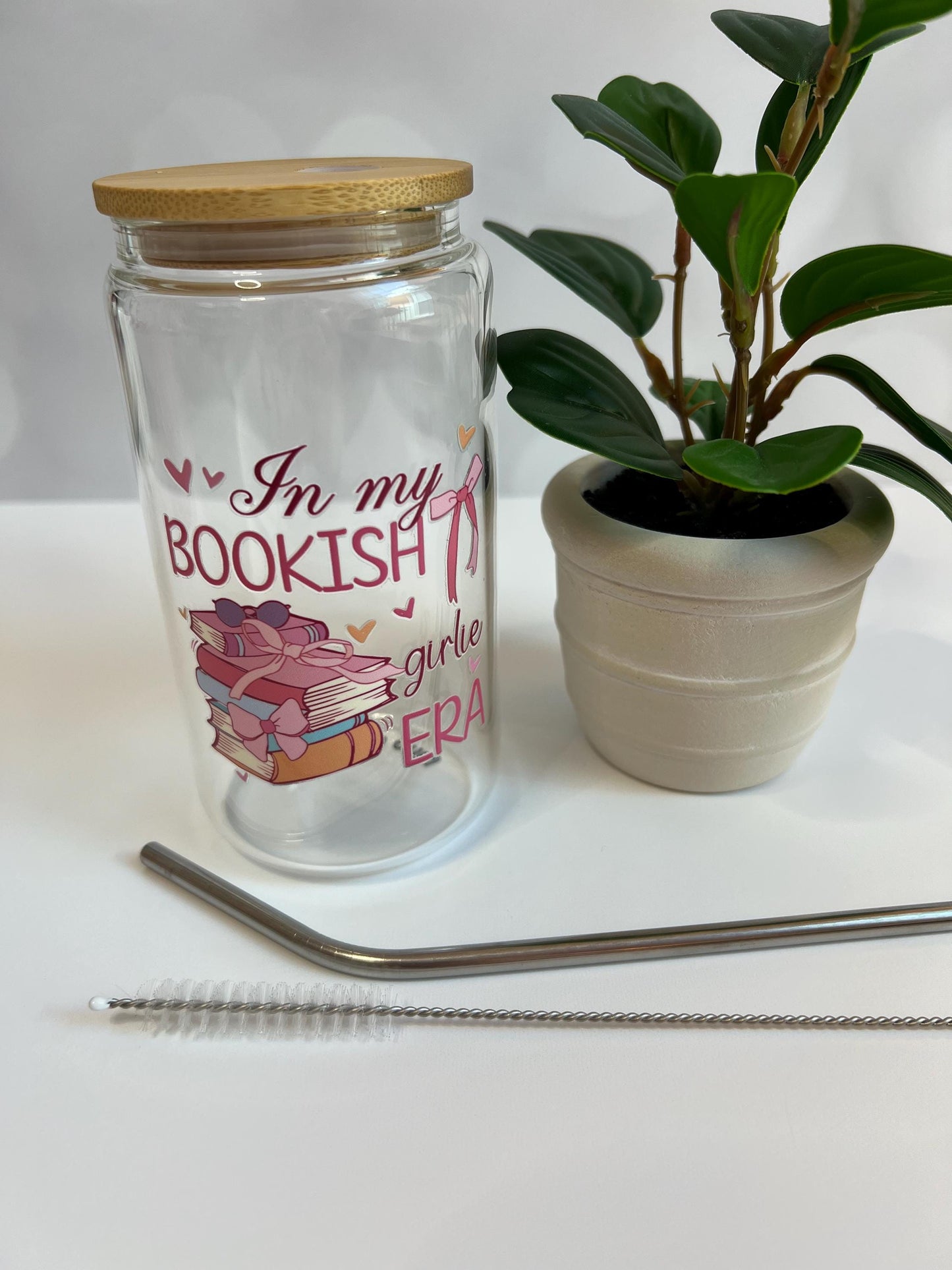 Bookish Era Glass Iced Coffee Cup: 16oz Tumbler with Lid & Straw