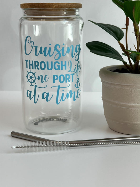 Cruising Through Life Glass Cup: Iced Coffee Tumbler With Lid & Straw