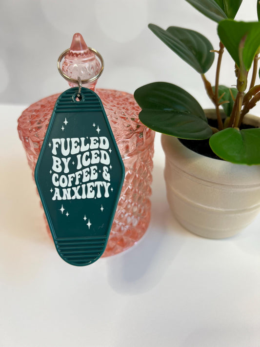 Fueled by Iced Coffee & Anxiety Motel Keychain: Gift for Coffee Lover