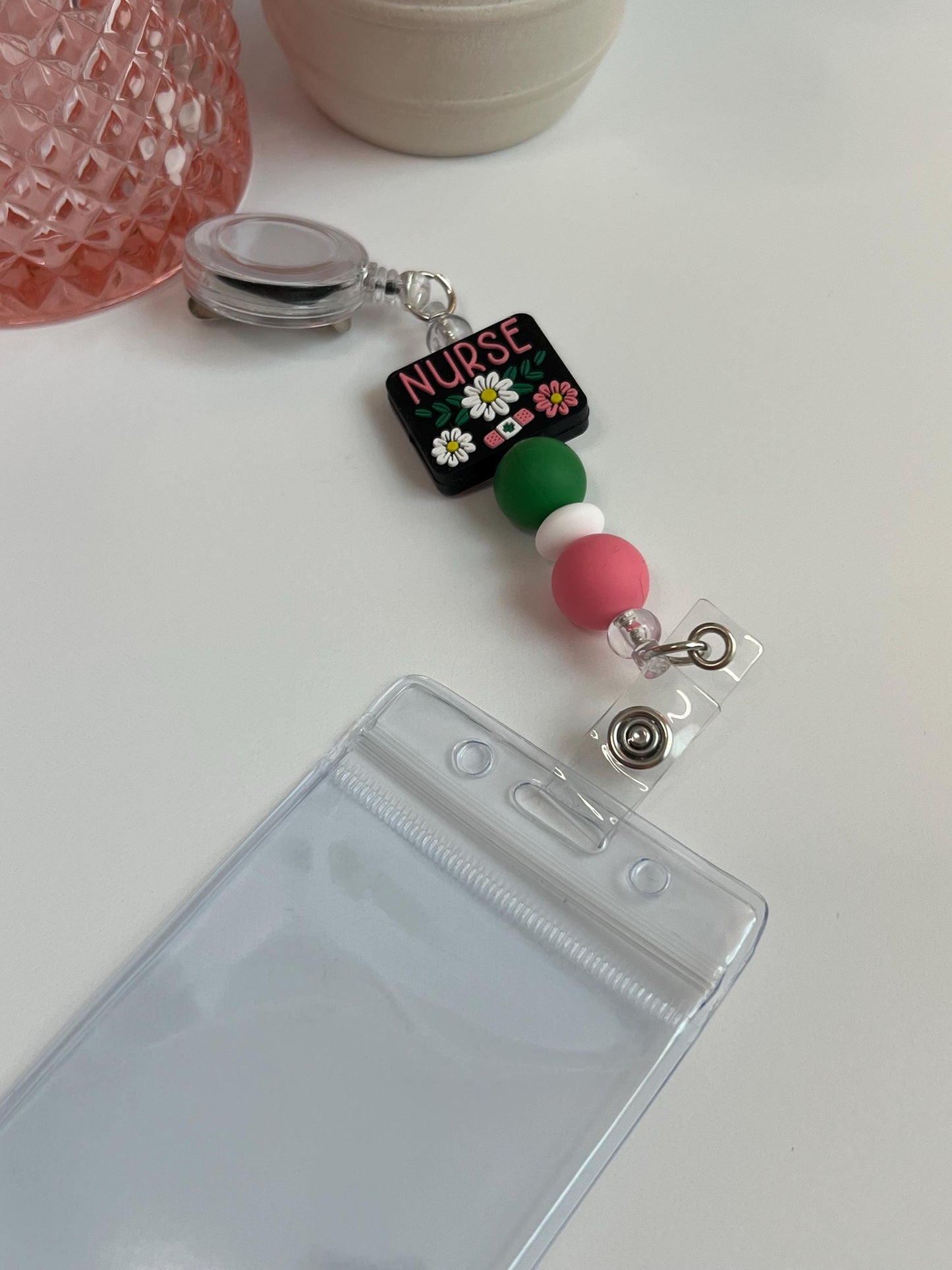 Nurse Badge Reel: Silicone Bead ID Holder with Pouch