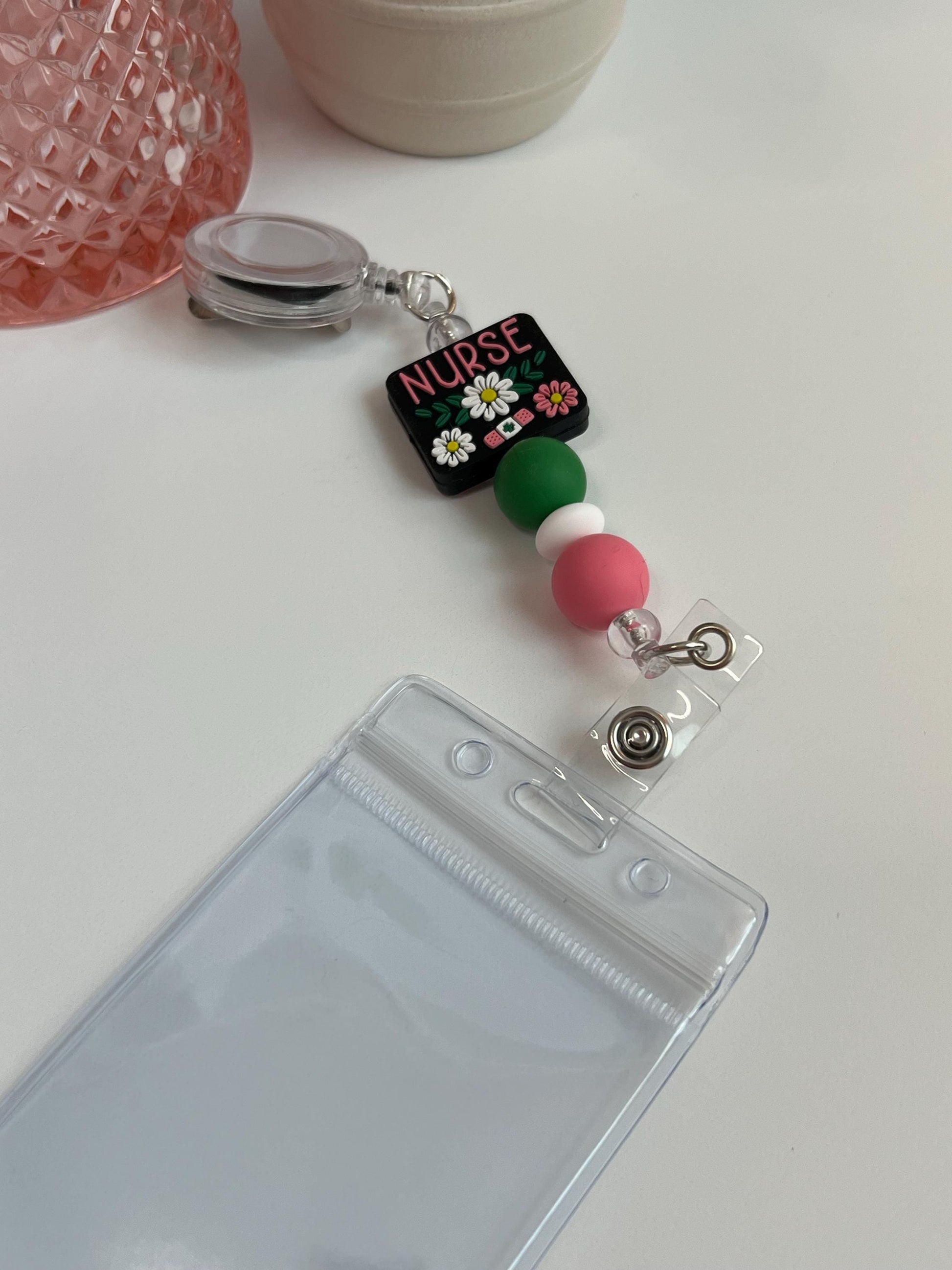 Nurse Badge Reel: Silicone Bead ID Holder with Pouch