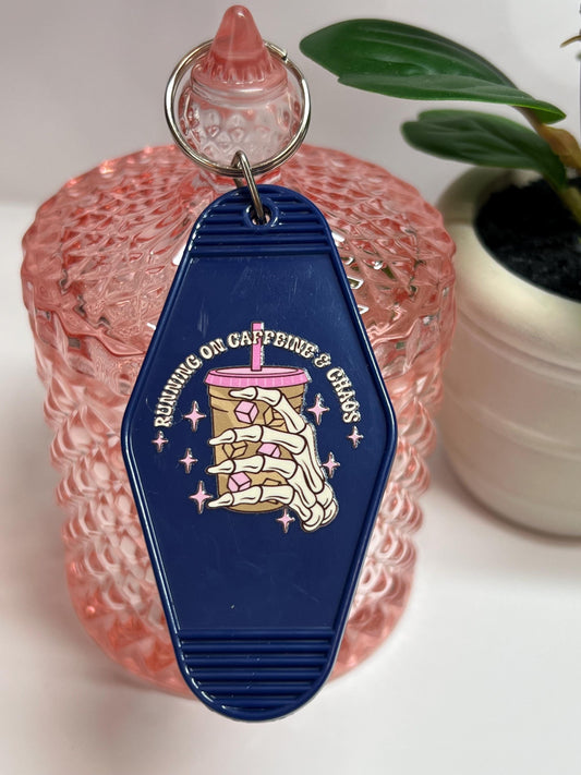 Running on Caffeine & Chaos Motel Keychain: Coffee Lover Gift