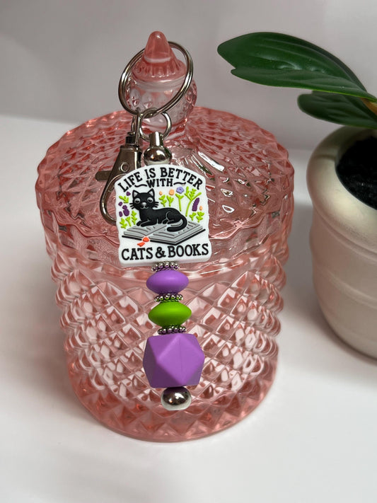 Cats & Books Silicone Bead Keychain: Life Is Better, Bag Charm