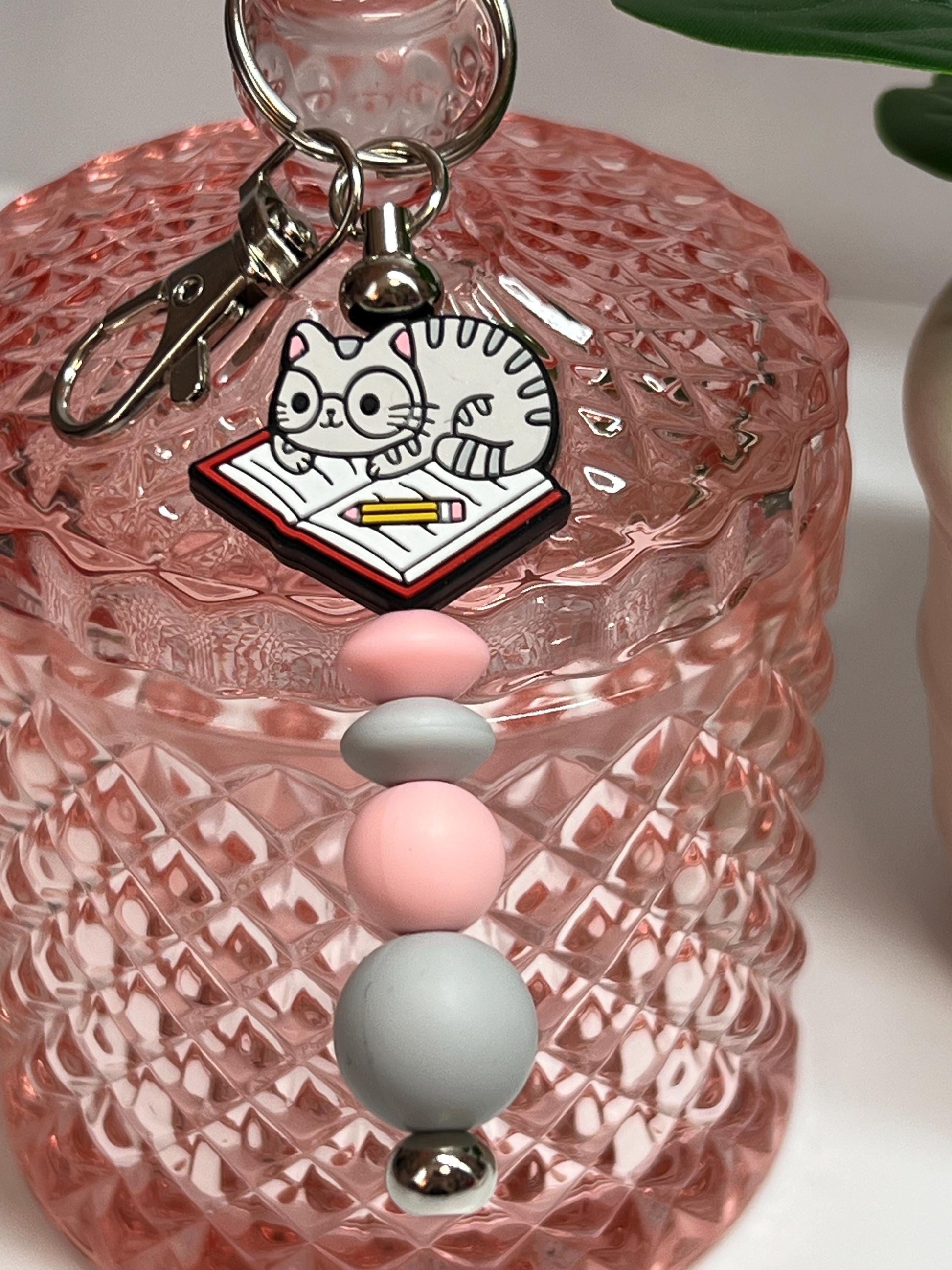 Cat with Notebook Silicone Bead Keychain: Bag Charm, Stocking Stuffer