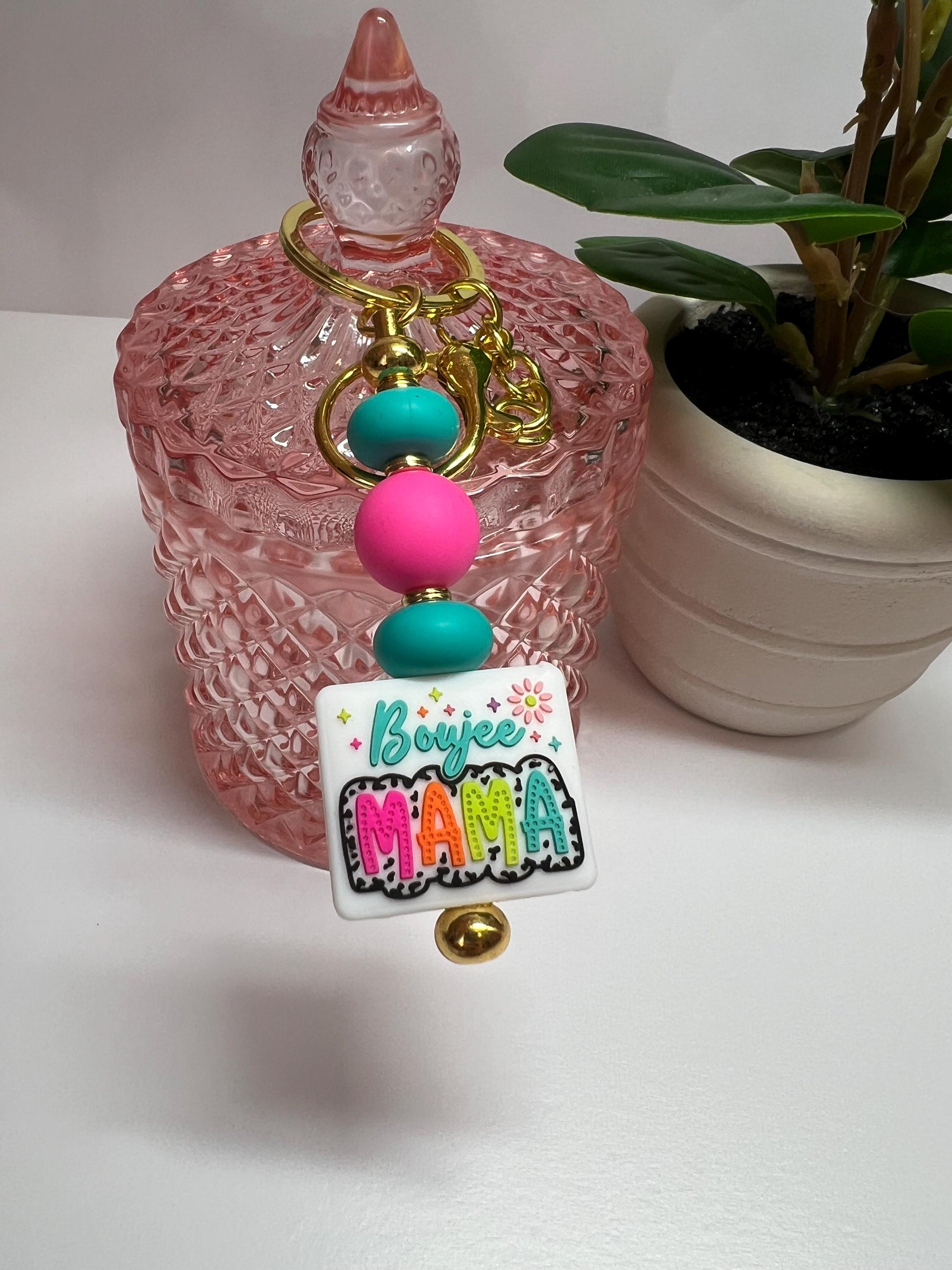 Boujee Mama Silicone Bead Keychain: Teal & Pink Bag Charm