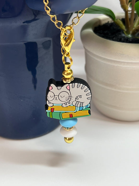 Kitty with Books Stanley/Bogg Bag Charm: Tumbler Purse Accessory