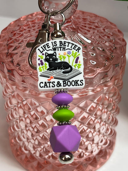 Cats & Books Silicone Bead Keychain: Life Is Better, Bag Charm