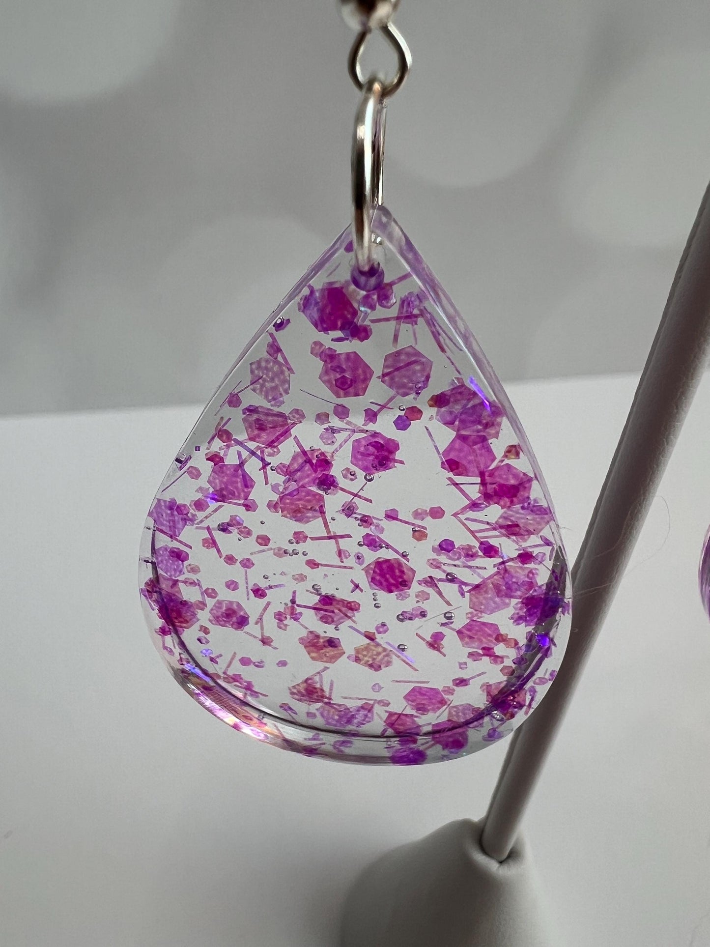 Purple Glitter Resin Teardrop Earrings: Unique Handmade Jewelry