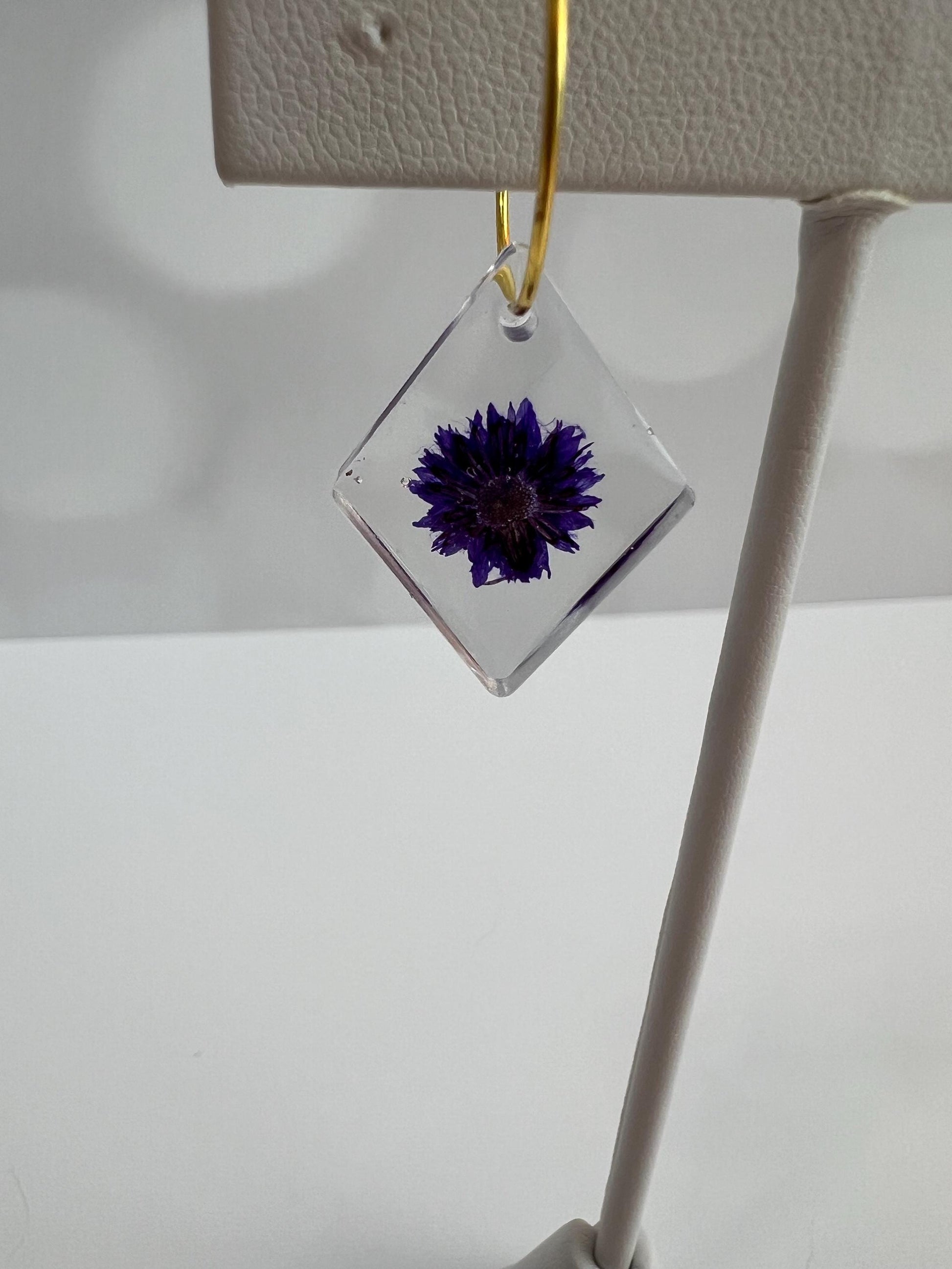 Purple Flower Resin Earrings: Handmade Diamond Dangle Earrings