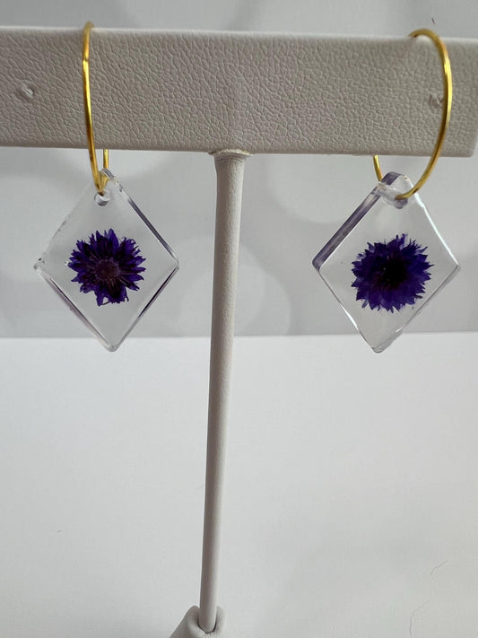 Purple Flower Resin Earrings: Handmade Diamond Dangle Earrings