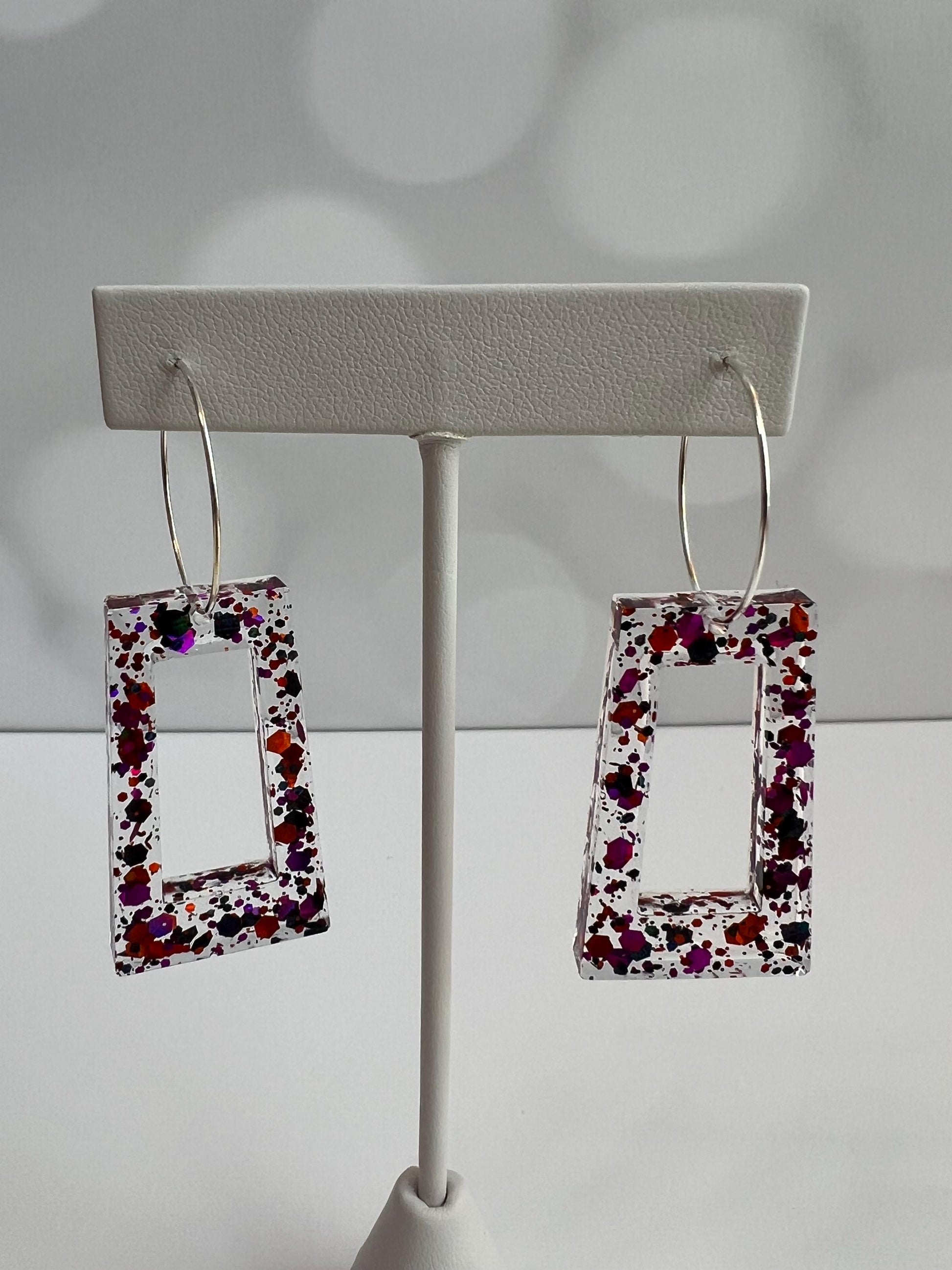Orange and Purple Glitter Resin Earrings | Halloween | Teardrop Earring | Square Earring
