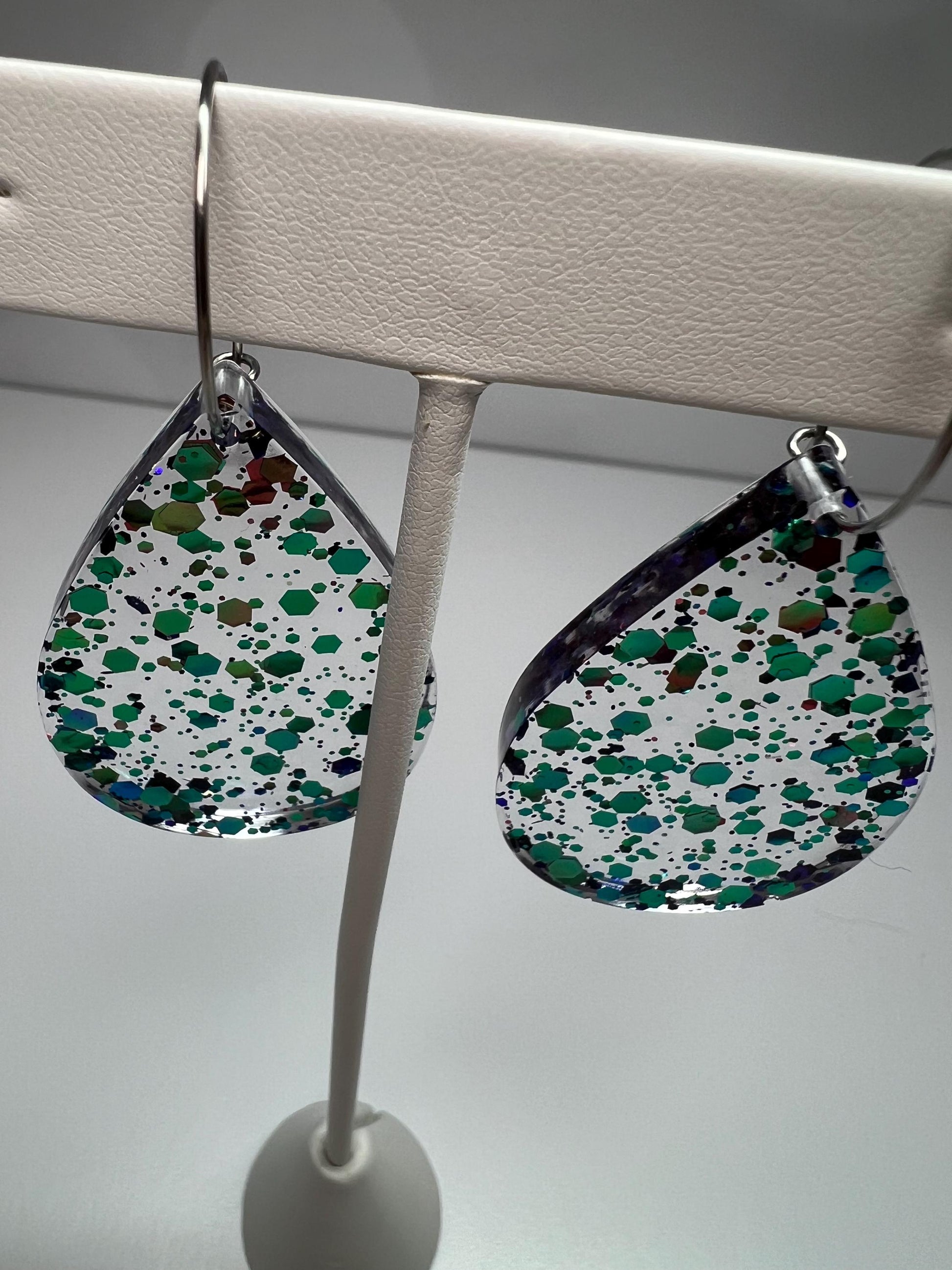 Pink/Green Glitter Resin Earrings | Wicked | Teardrop Earring | Square Earring | Rectangle Earring