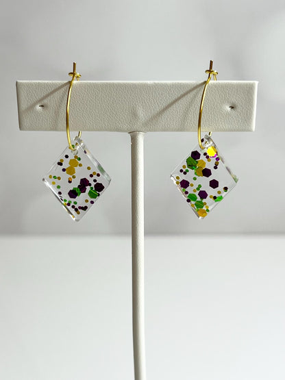 Glitter Resin Earrings | Handmade Purple, Green, and Gold Jewelry | Mardi Gras