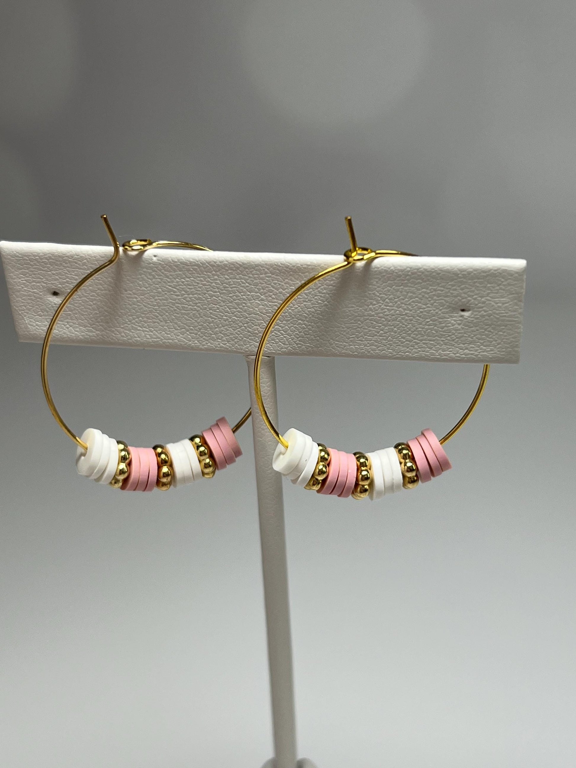 Hoop Earrings - Hand assembled with heishi beads - gold