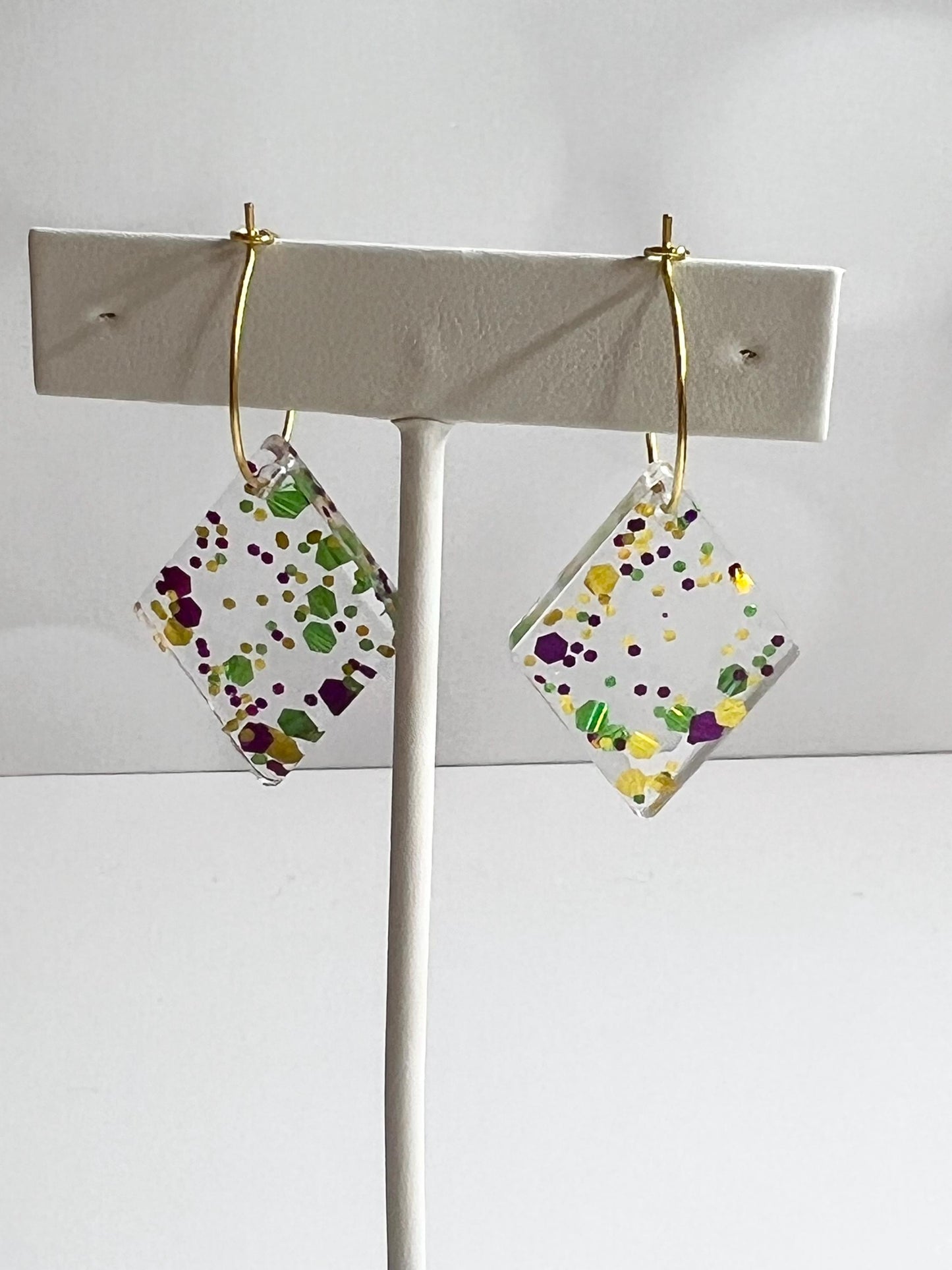 Glitter Resin Earrings | Handmade Purple, Green, and Gold Jewelry | Mardi Gras