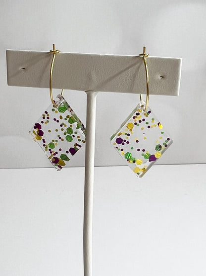 Glitter Resin Earrings | Handmade Purple, Green, and Gold Jewelry | Mardi Gras