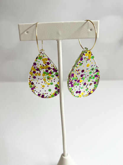 Glitter Resin Earrings | Handmade Purple, Green, and Gold Jewelry | Mardi Gras