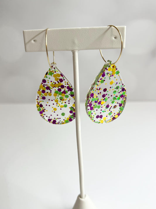 Glitter Resin Earrings | Handmade Purple, Green, and Gold Jewelry | Mardi Gras