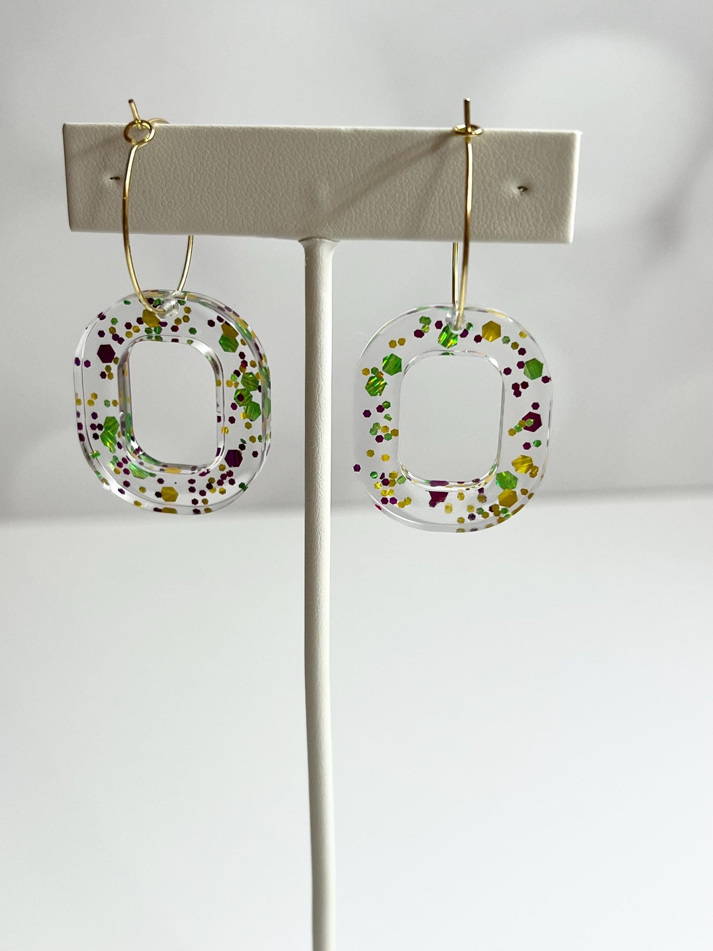 Glitter Resin Earrings | Handmade Purple, Green, and Gold Jewelry | Mardi Gras