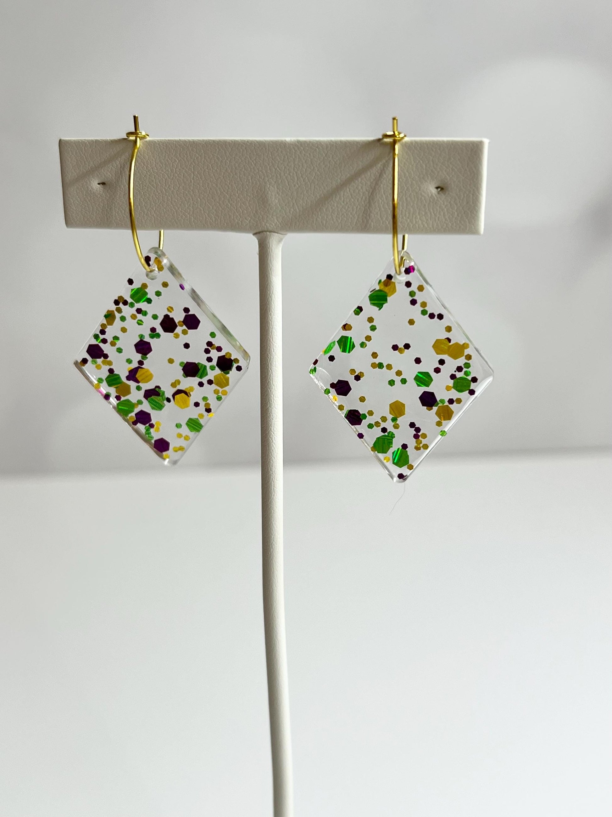 Glitter Resin Earrings | Handmade Purple, Green, and Gold Jewelry | Mardi Gras