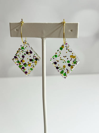 Glitter Resin Earrings | Handmade Purple, Green, and Gold Jewelry | Mardi Gras