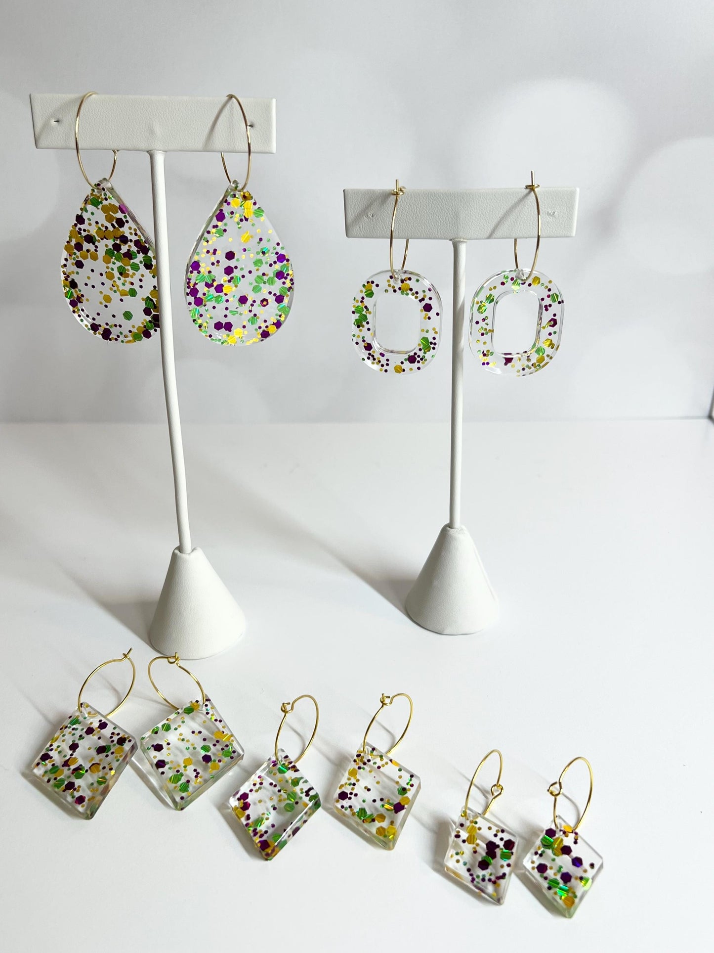 Glitter Resin Earrings | Handmade Purple, Green, and Gold Jewelry | Mardi Gras