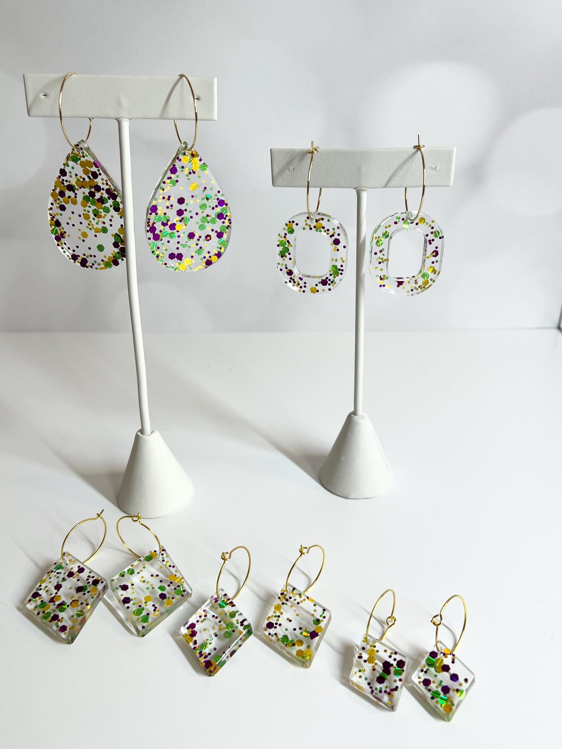 Glitter Resin Earrings | Handmade Purple, Green, and Gold Jewelry | Mardi Gras