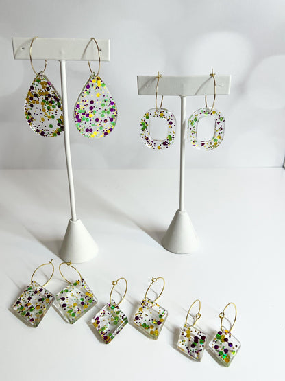 Glitter Resin Earrings | Handmade Purple, Green, and Gold Jewelry | Mardi Gras