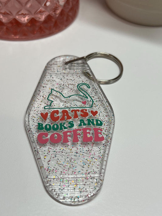 Cats Books and Coffee Motel Keychain: Gift for Book Lover