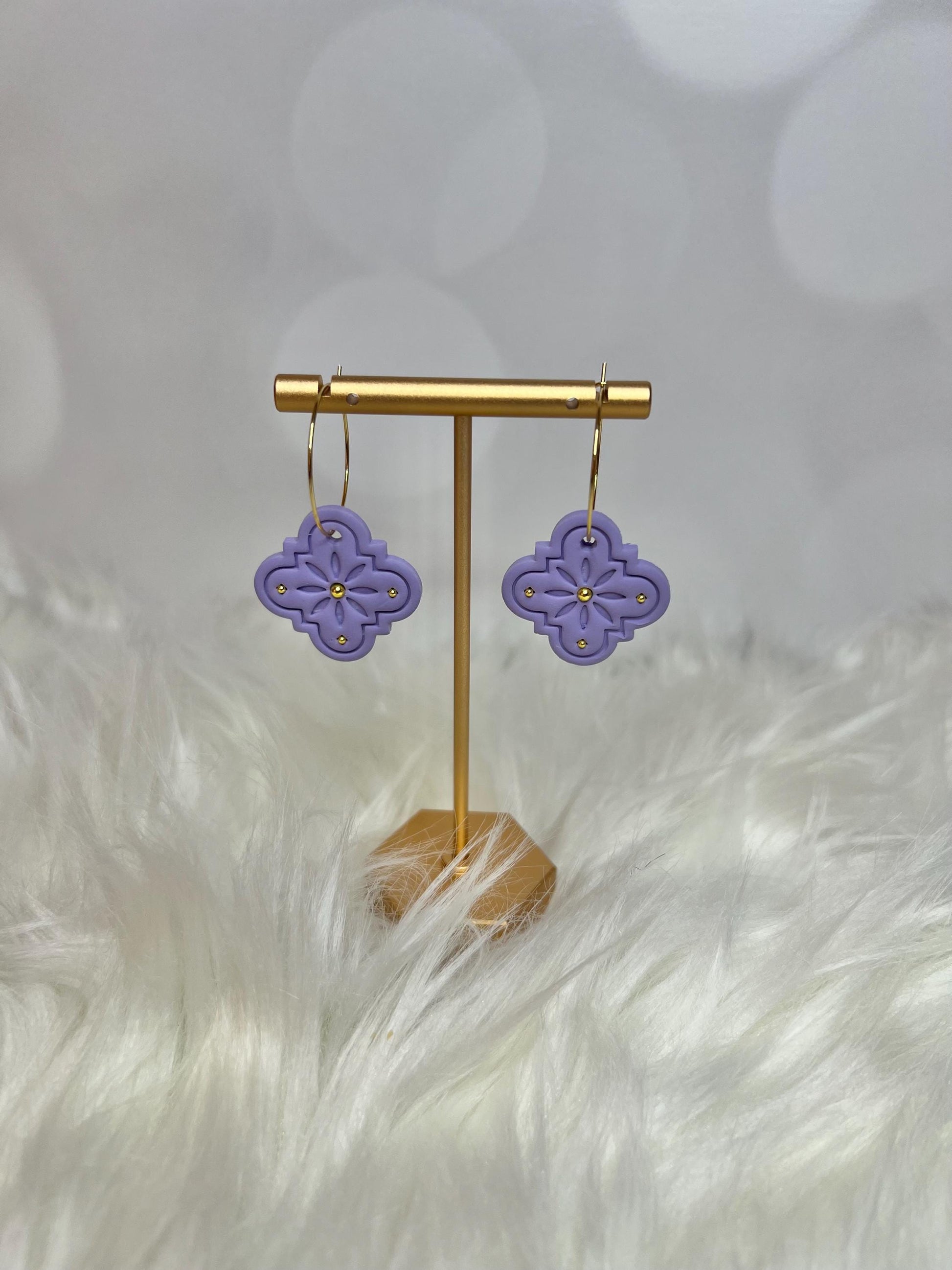 Handmade, Lightweight, Clay Hoop Earrings - Lilac with Gold Accents