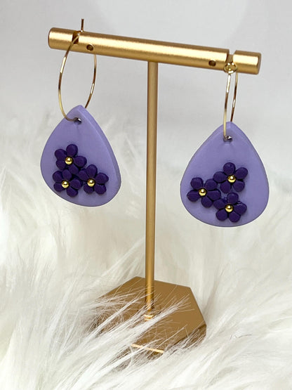 Handmade, Lightweight, Clay Hoop Earrings - Lilac with Gold Accents