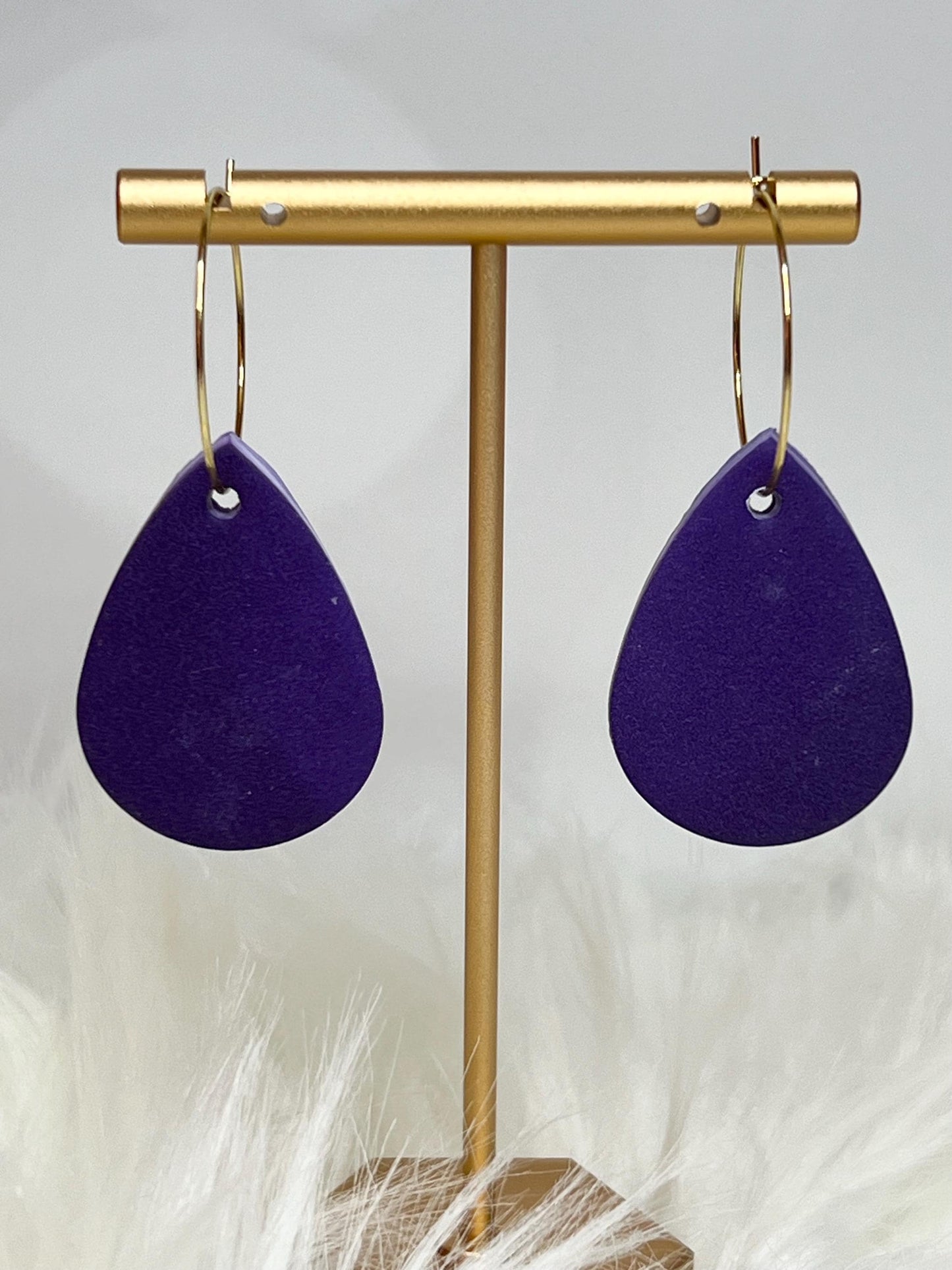 Handmade, Lightweight, Clay Hoop Earrings - Lilac with Gold Accents