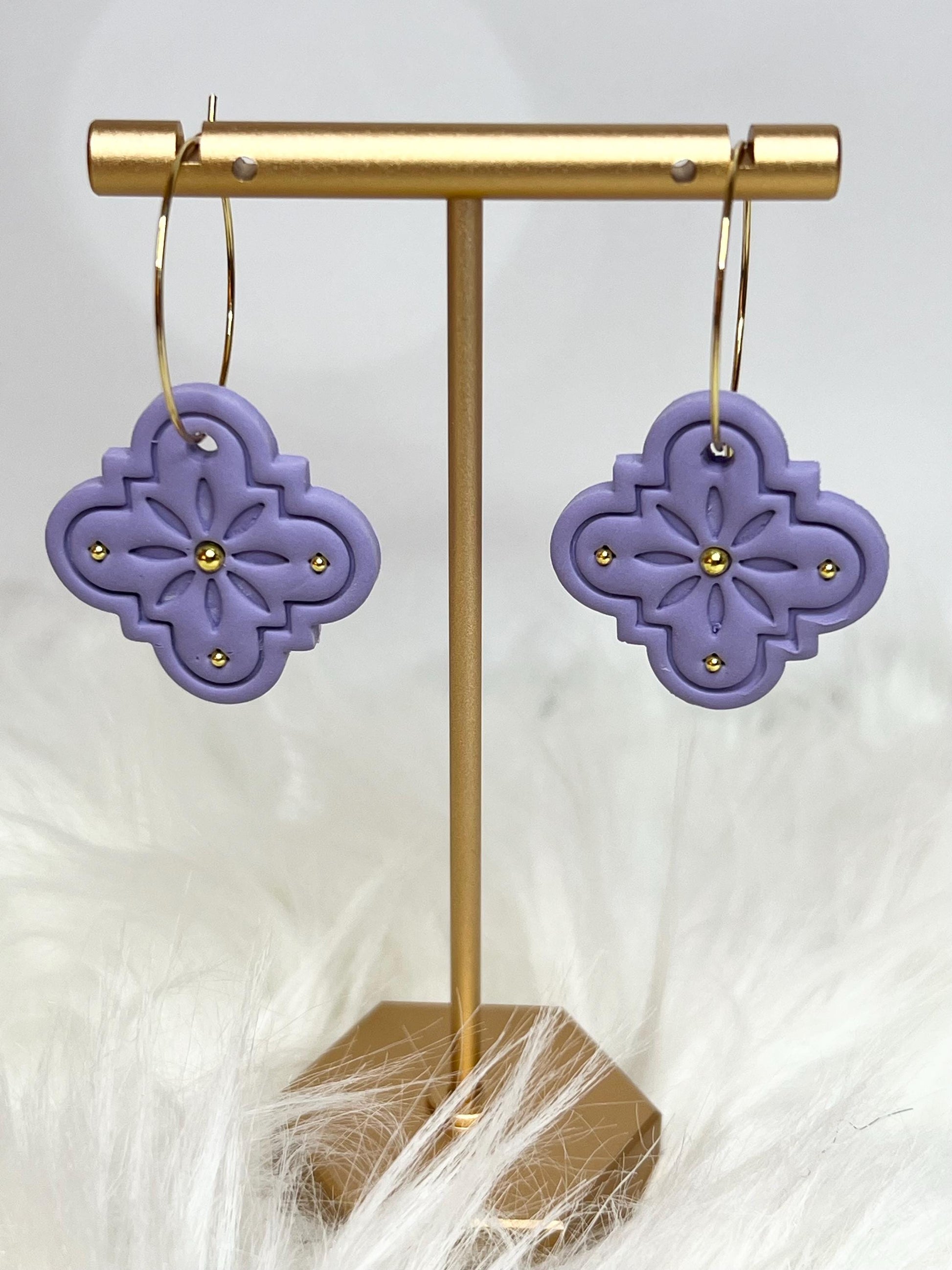 Handmade, Lightweight, Clay Hoop Earrings - Lilac with Gold Accents