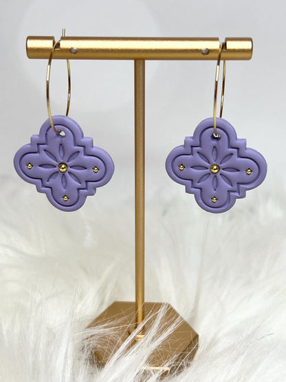 Handmade, Lightweight, Clay Hoop Earrings - Lilac with Gold Accents