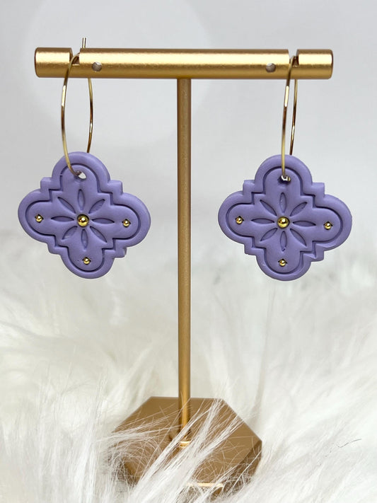 Handmade, Lightweight, Clay Hoop Earrings - Lilac with Gold Accents