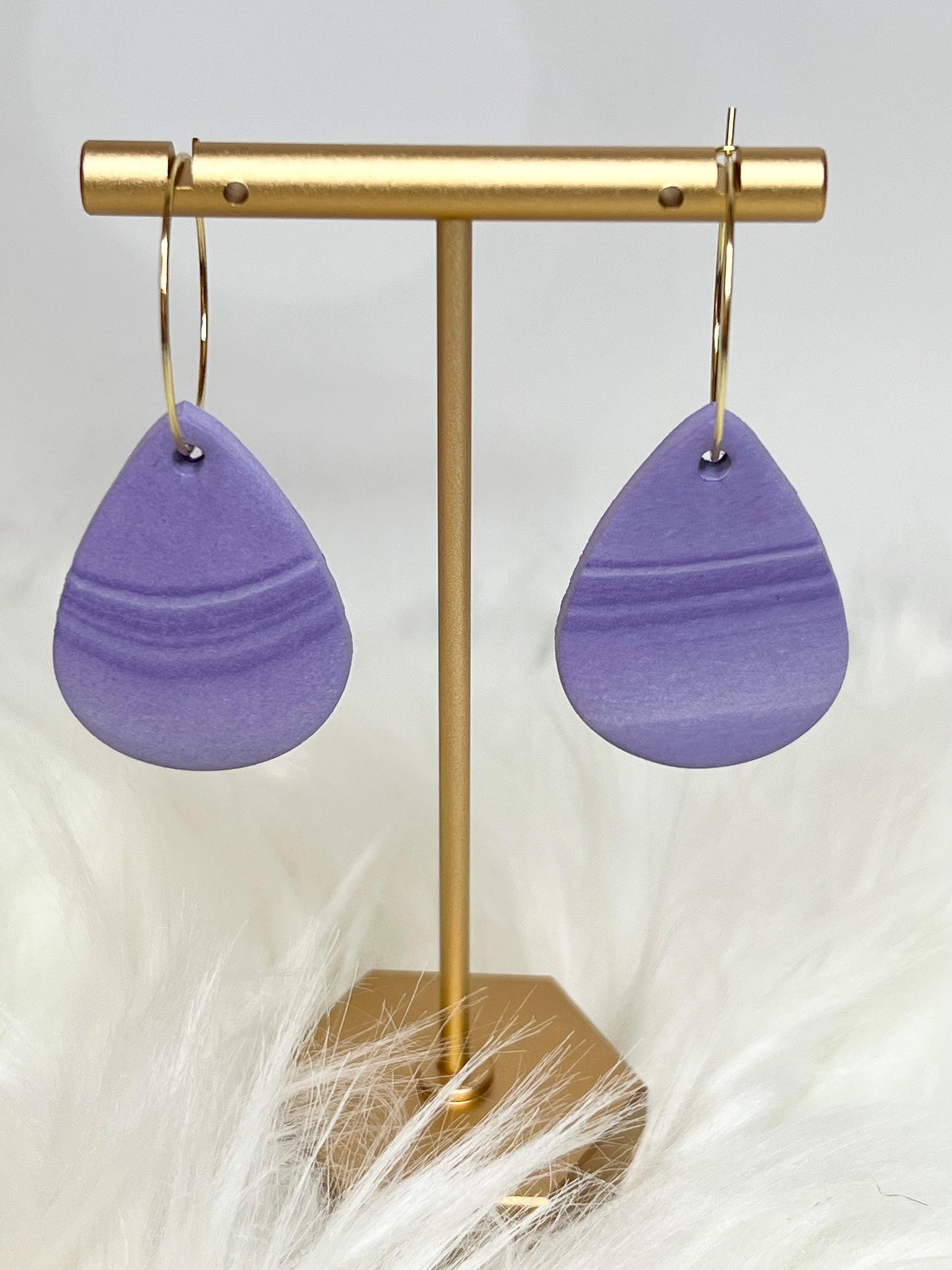 Handmade, Lightweight, Clay Hoop Earrings - Lilac with Gold Accents
