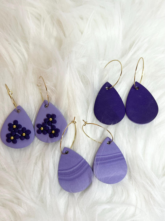Handmade, Lightweight, Clay Hoop Earrings - Lilac with Gold Accents
