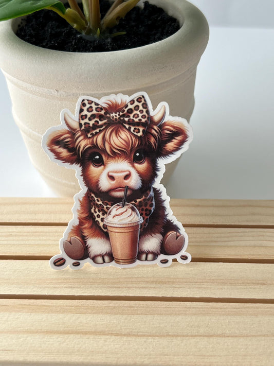 Highland cow with coffee sticker - water-resistant, water bottles, laptop, kindle, mug