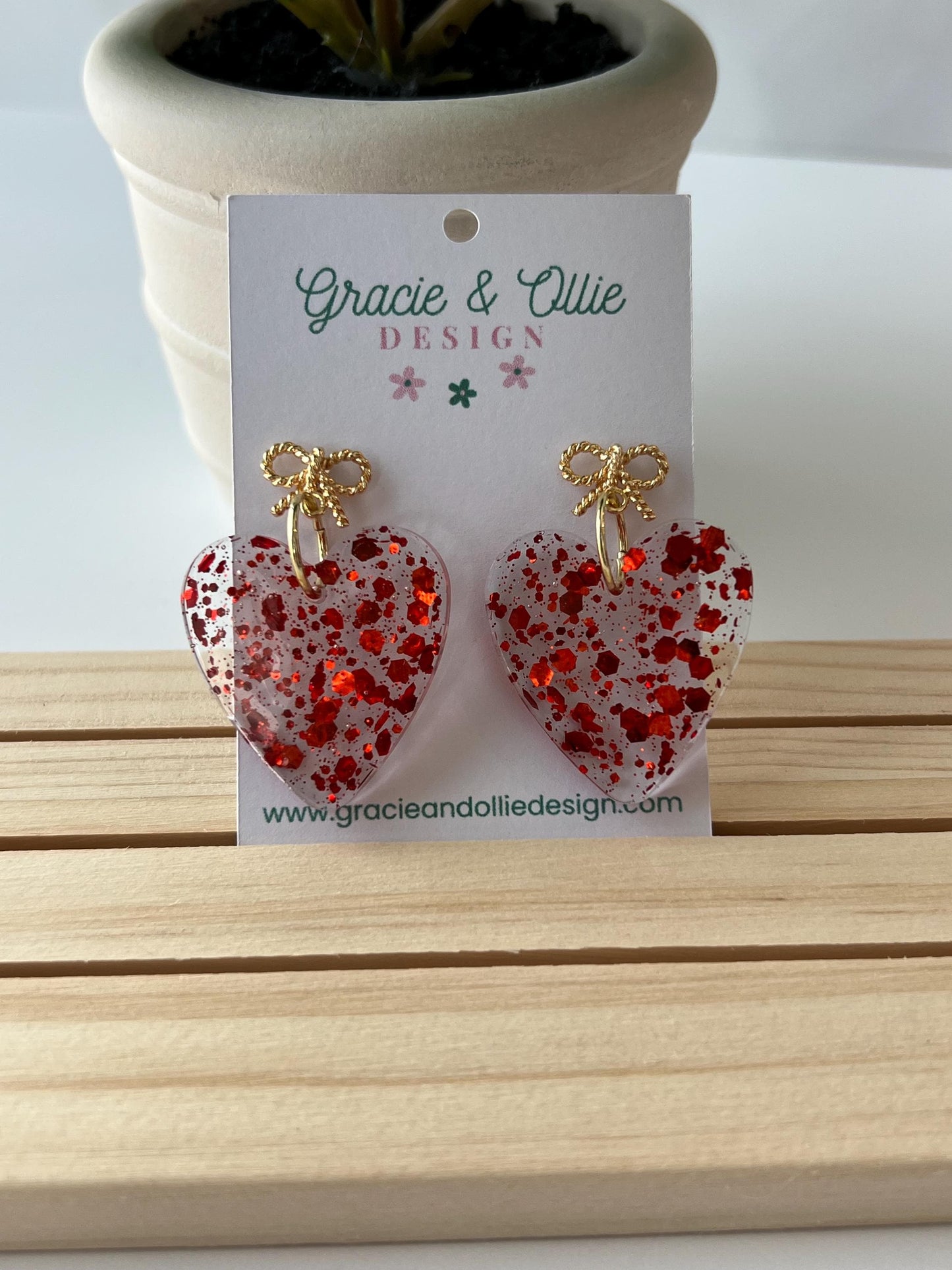 Red Glitter Heart Resin Earrings